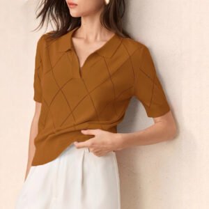 Women's Polo-Neck Diamond-Knit Short-Sleeve Pullover