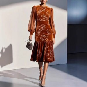 Womens Autumn Winter Caramel Velvet Mermaid Dress