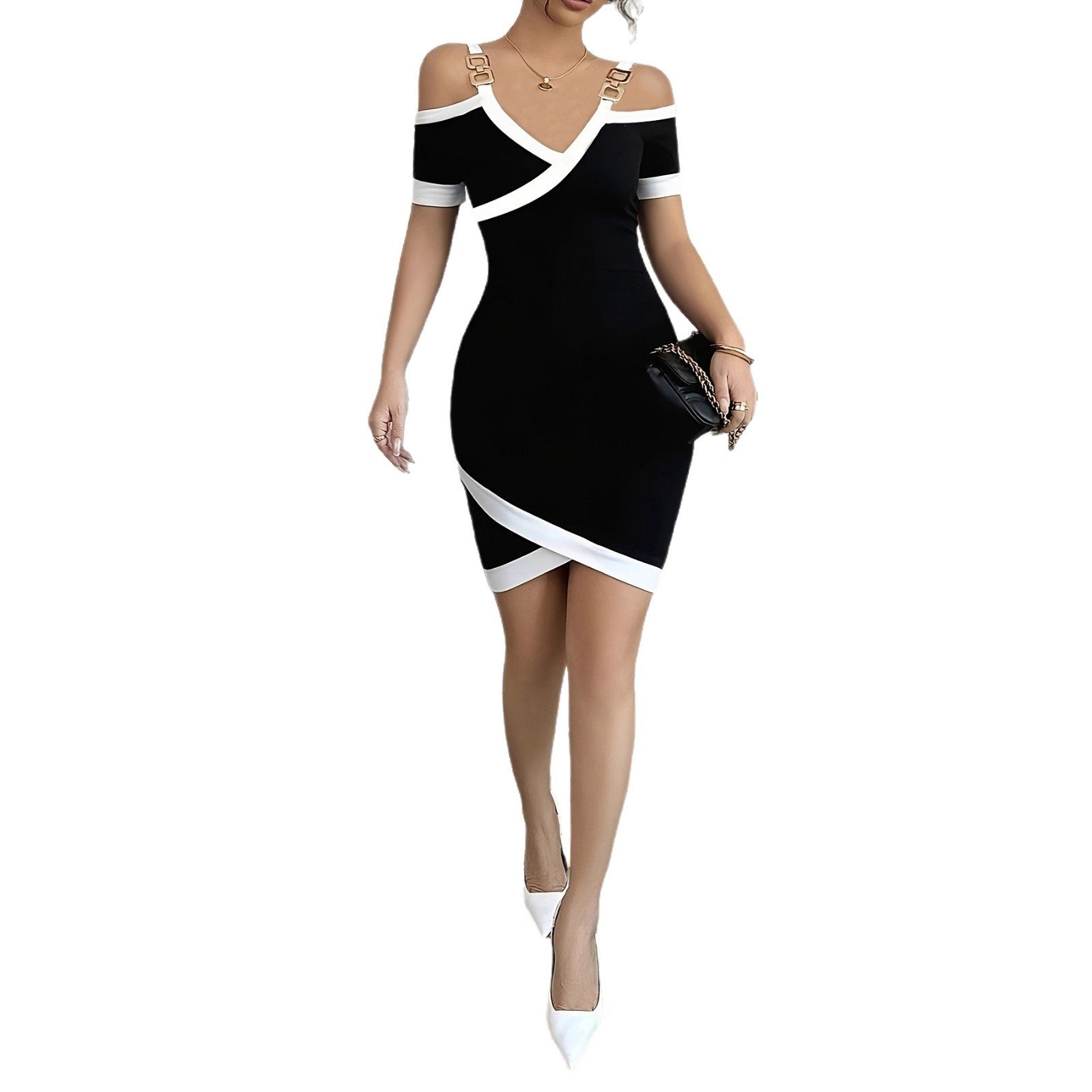 Womens Fashion V-Neck Golden Buckle Slanted Stripe Dress - Image 5