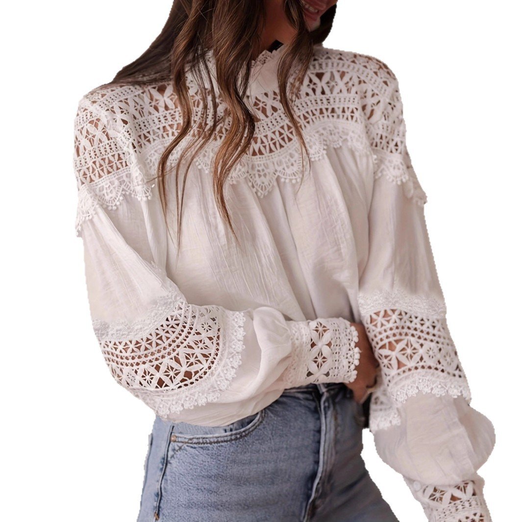 Womens Solid-Color Crochet Hollowed-Out Flare-Sleeve Shirt - Image 2