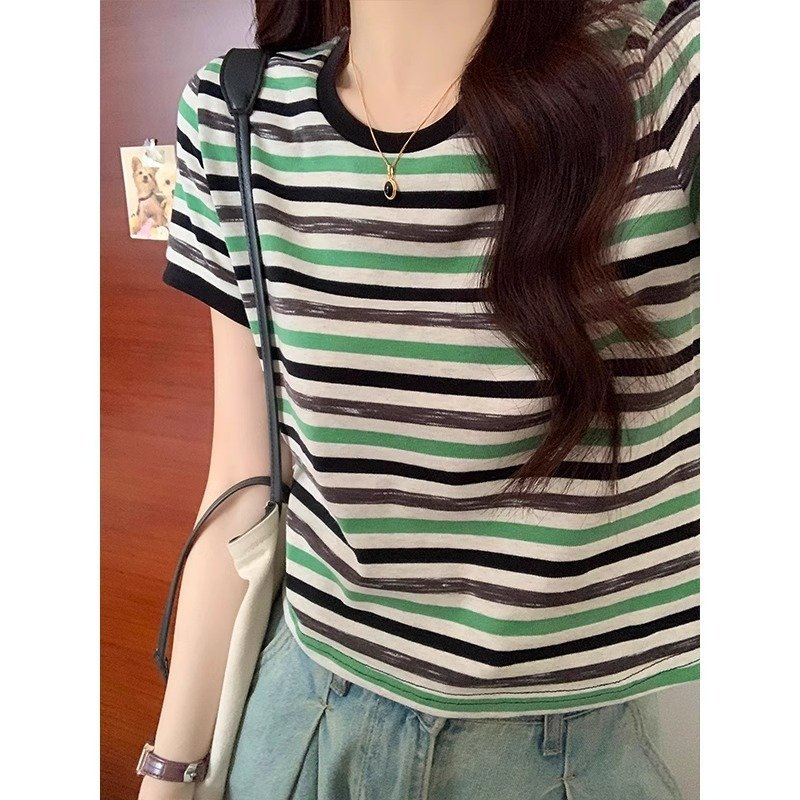 Women's Green Striped Regular-fit Slim Short-sleeve T-shirt - Image 4
