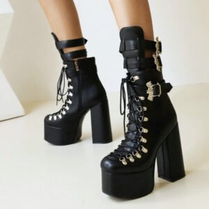 Chunky High-heel Platform Thigh-high Boots Patent Leather Black Square Toe