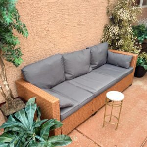 Patio Couch PE Wicker Deep Seating Outdoor Sofa with Removable Cushions, 3 Seater Rattan Sofa, Outdoor Furniture for Balcony, Deck, Garden and Poolside, Sand