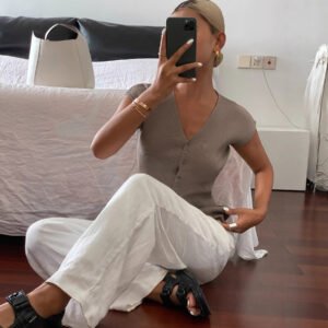 Women's Solid Color Casual Knit Fitted Shoulder V-neck Short Sleeve