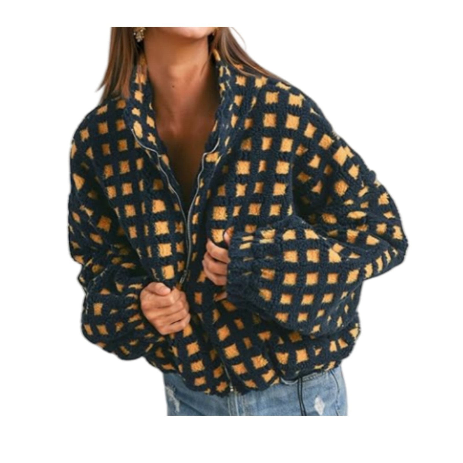New Women Anti-blowing Lamb Wool Plaid Fashion Casual Loose Jacket - Image 3