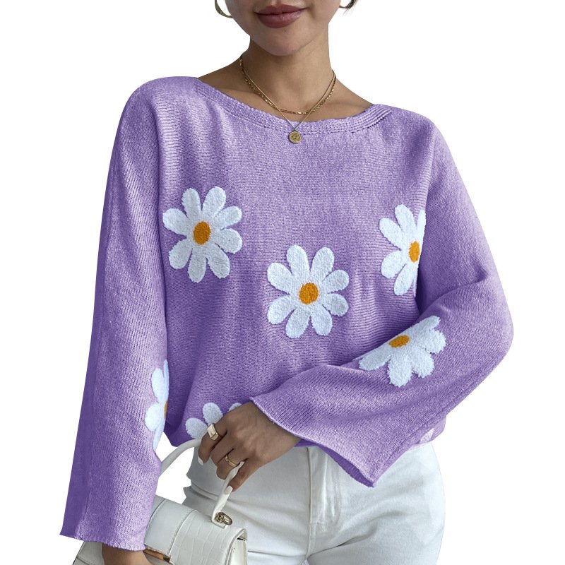 Sweet Flowers Loose Knitted Sweater For Women - Image 5