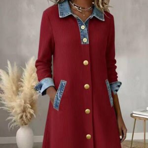 Womens Buttoned Long-Sleeve Corduroy Patchwork Denim Dress