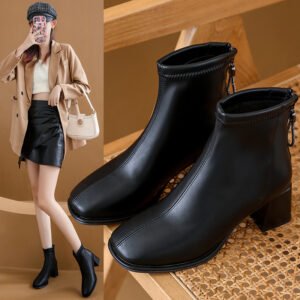 Fashion Square Toe Chunky Heel Back Zip Ankle Boots