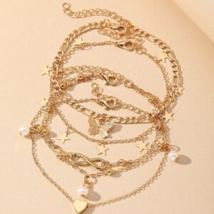 Best Seller In Europe And America Butterfly Pearl Heart Anklet 4-piece Set Multi-layer