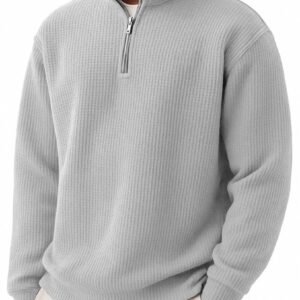 Solid-color Pullover Zip-up Relaxed-fit Casual Premium Waffle-knit Long-sleeve Polo Shirt