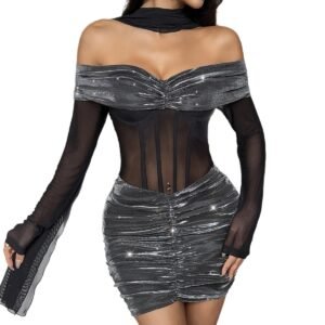 Sexy Mesh Corset With A Halterneck And Flowing Ribbon Mini Skirt