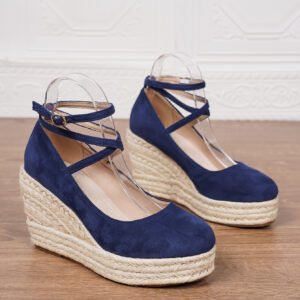 Solid Color Women's Ankle Strap Straw Woven Wedge Platform Shoes