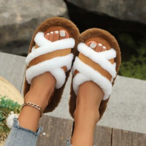 Fluffy Slippers Cross Strap Stitching Warm Casual Platform Slippers