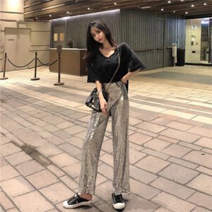 Heavy Industry Sequins High Waist Straight Trousers Women's Trousers