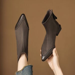 Pointed-toe Square-heeled Ankle Boots For Women