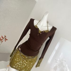 Women's Knit Bodycon Fake Two-Piece Dress Deep Winter Y2K Hot Girl Birthday Club Outfit