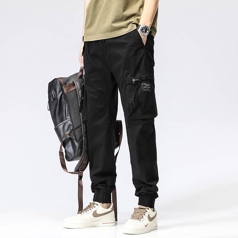 Casual Pants Trendy Brand Elastic Waist Men's Youth Simple Pure Cotton Multi-pocket Work Pants Trousers Ankle-tied - Image 4