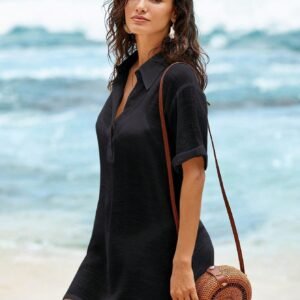 Womens Casual Loose-fitting Solid-color Shirt Dress