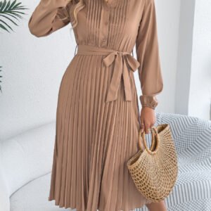 Solid Color Lapel Long Sleeve Waist Pleated Dress