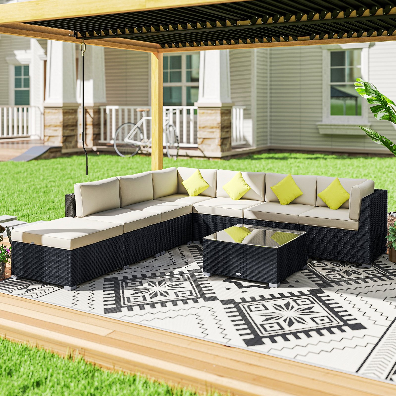 8 Piece Rattan Corner Sofa Set With Wide & Deep Seat, Assembled Aluminium PE Rattan Garden Furniture Set With Thick Cushions And Glass Top Table For Outdoor, Conservatory, Black - Image 2