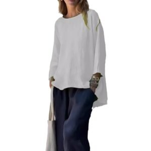 Women's Loose Linen Cotton Round Neck Long Sleeve Shirt