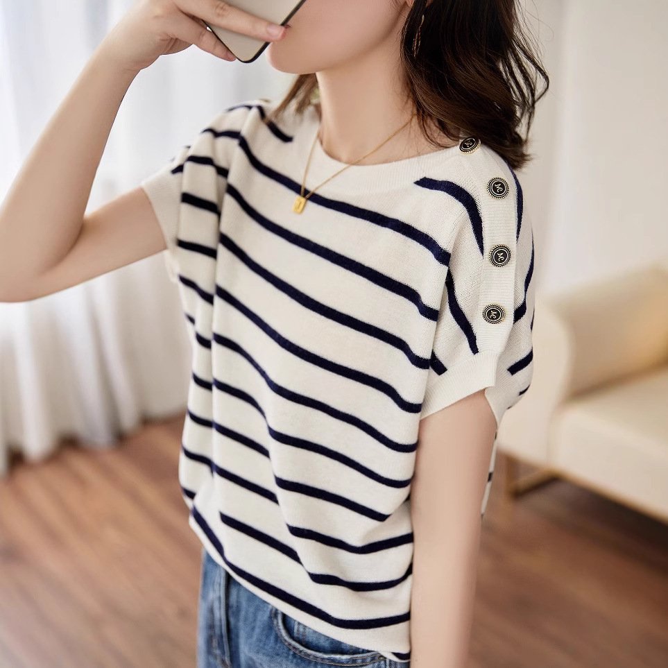New Striped Top Ice Silk Short Sleeve Slimming And Flesh-covering T-shirt - Image 2
