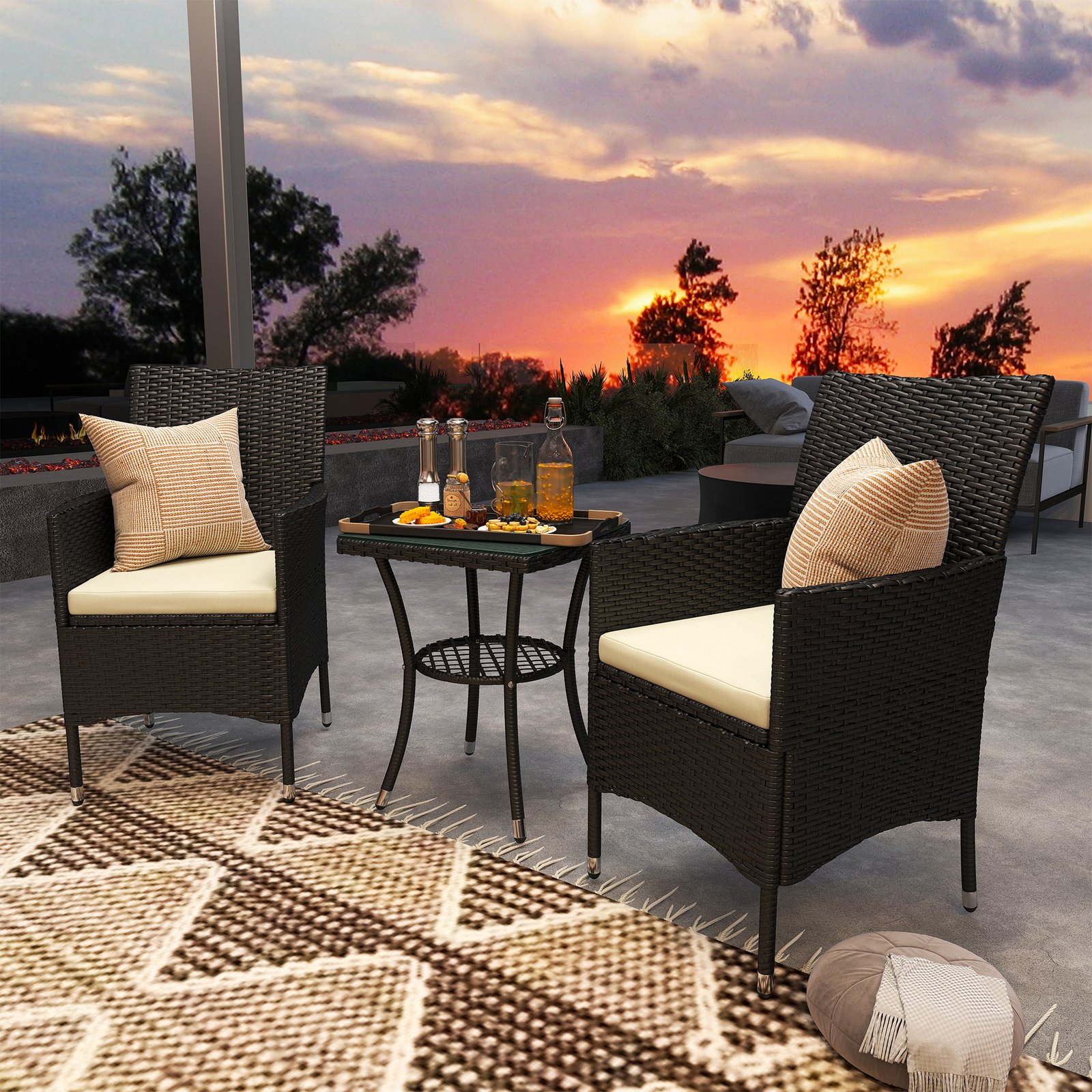 3 Pieces Rattan Bistro Set, Wicker Garden Furniture Set With 2-Tier Coffee Table And Chairs, Cushions, For Outdoor Patio Balcony, Black - Image 2