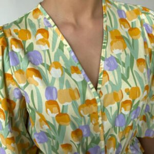 Drawstring Laced Puffed Sleeve V Neck Women's Blouse