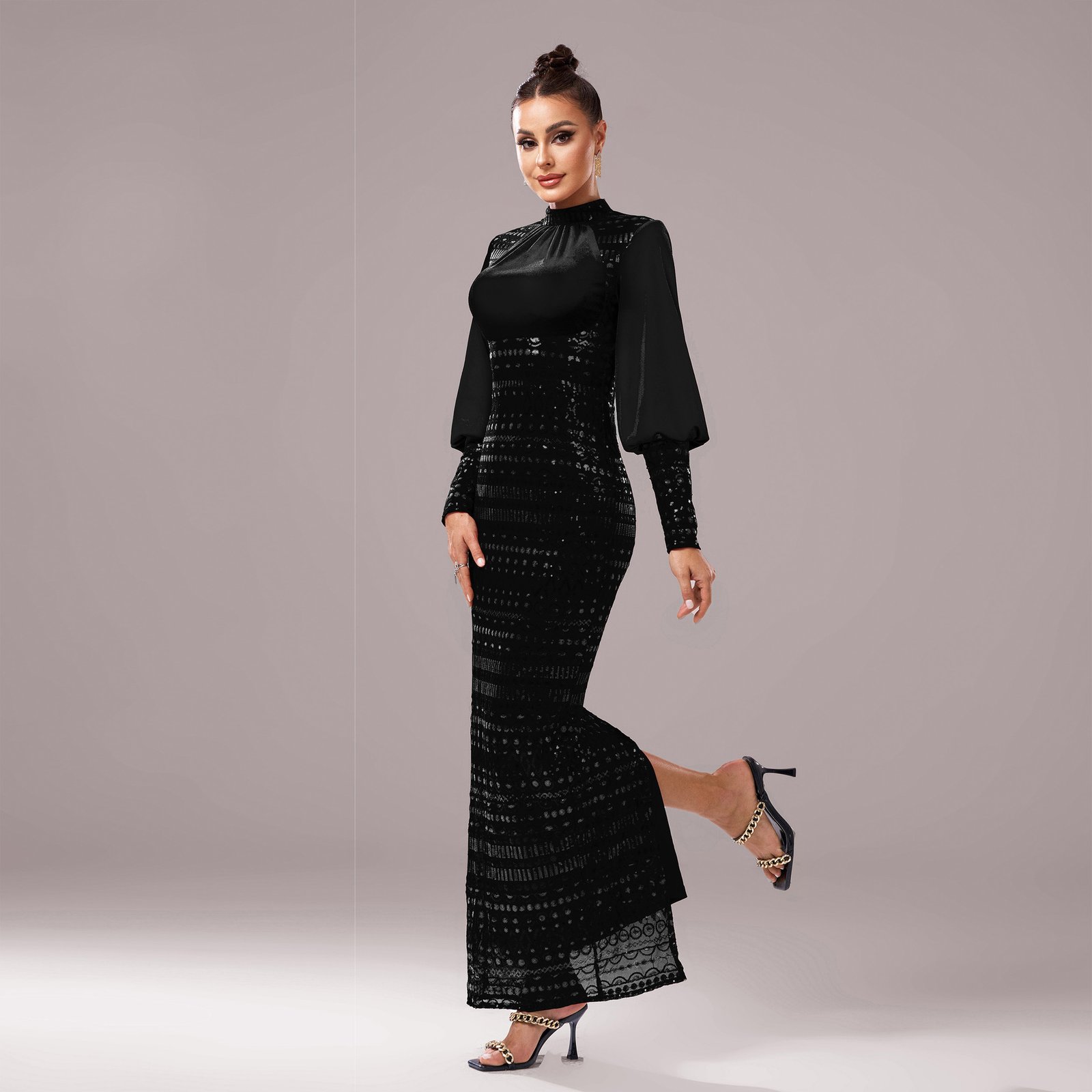 Long Sleeve Round Neck Sequins Slit Evening Dress - Image 4