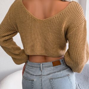 Women Long Sleeve Tie-Front Cropped Knit Sweater
