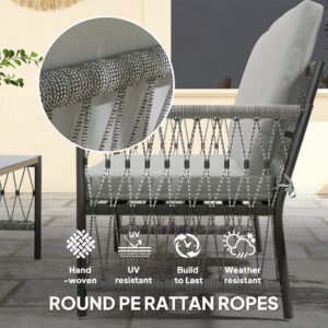4 Piece Rattan Garden Furniture Set, 4 Seater Wicker Patio Conversation Set With 2 Armchairs, Loveseat, Glass Top Coffee Table And Cushions For Outdoor, Balcony, Grey