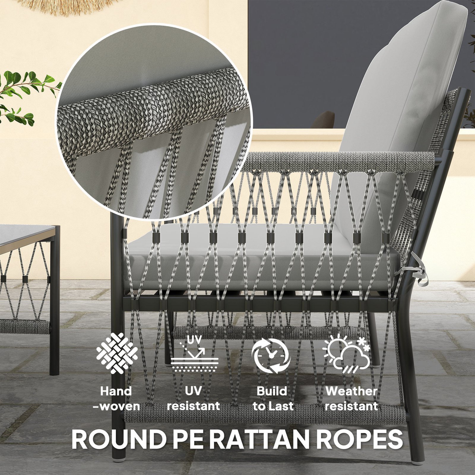 4 Piece Rattan Garden Furniture Set, 4 Seater Wicker Patio Conversation Set With 2 Armchairs, Loveseat, Glass Top Coffee Table And Cushions For Outdoor, Balcony, Grey - Image 5