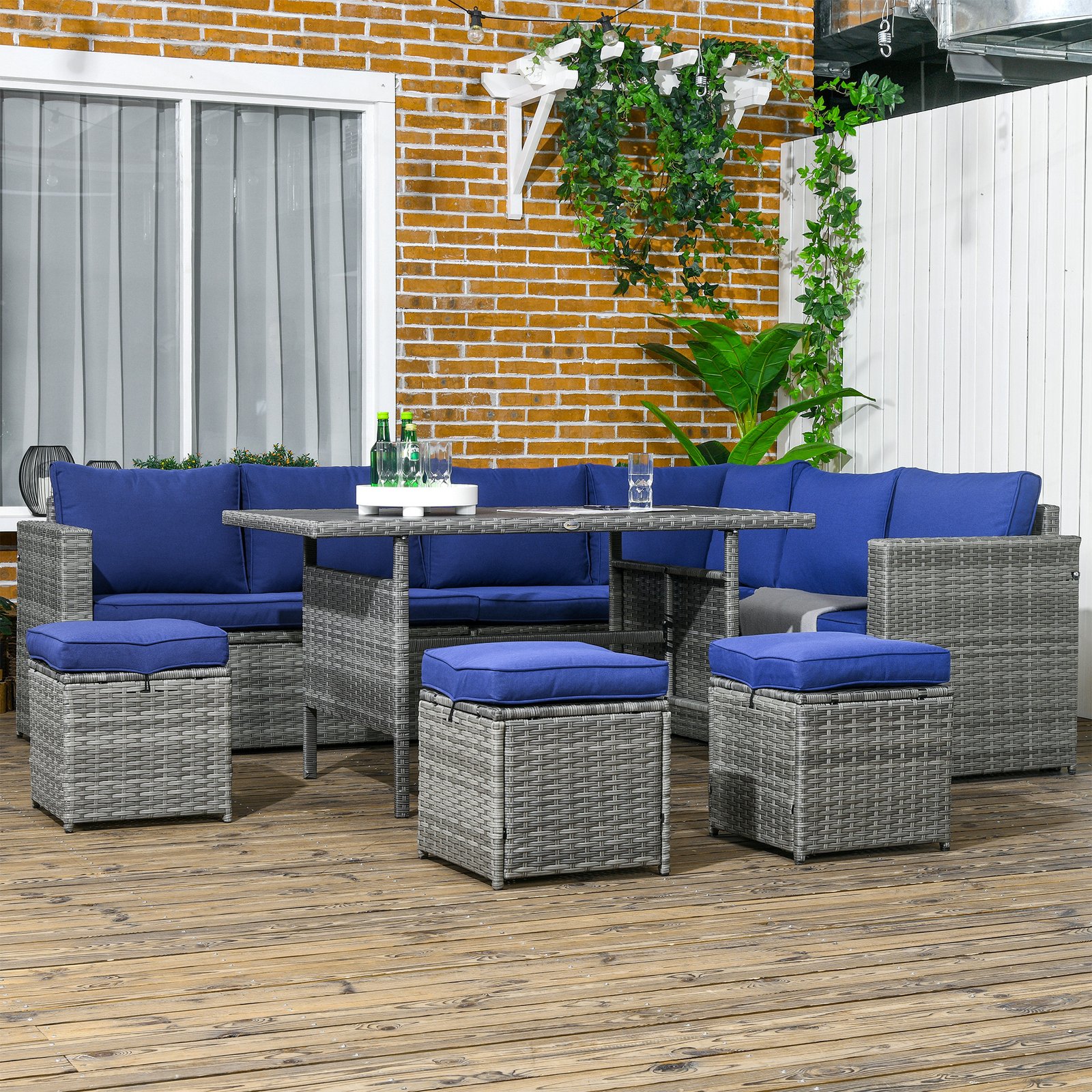 7 Piece Rattan Patio Furniture Set, Outdoor L-Shaped Sectional Sofa Conversation Set with Cushions, Storage, Dark Blue - Image 2