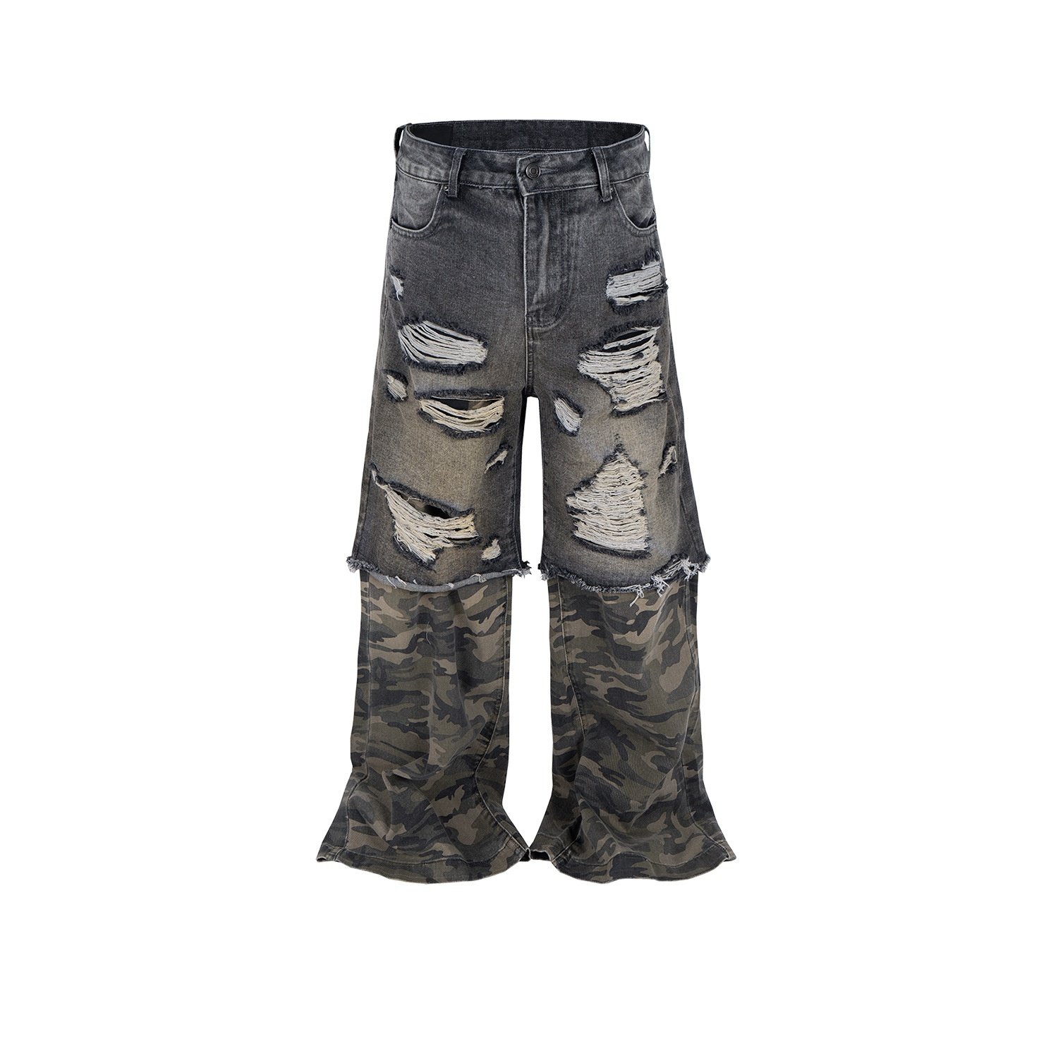 Camouflage Stitching Micro-pull Wide Leg Ripped Ripped Jeans - Image 4