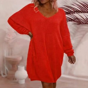Knitted Long-sleeve Solid-color Sweater Dress
