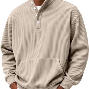 Mens Solid-Color Turtleneck Casual Long-Sleeve Polo Sweatshirt
