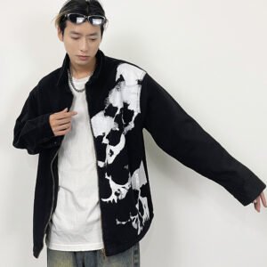 Embroidered Skull Print Black Denim Jacket