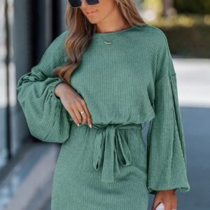 Arrival Decorative Long-Sleeve Rib-Knit Dress With Belt