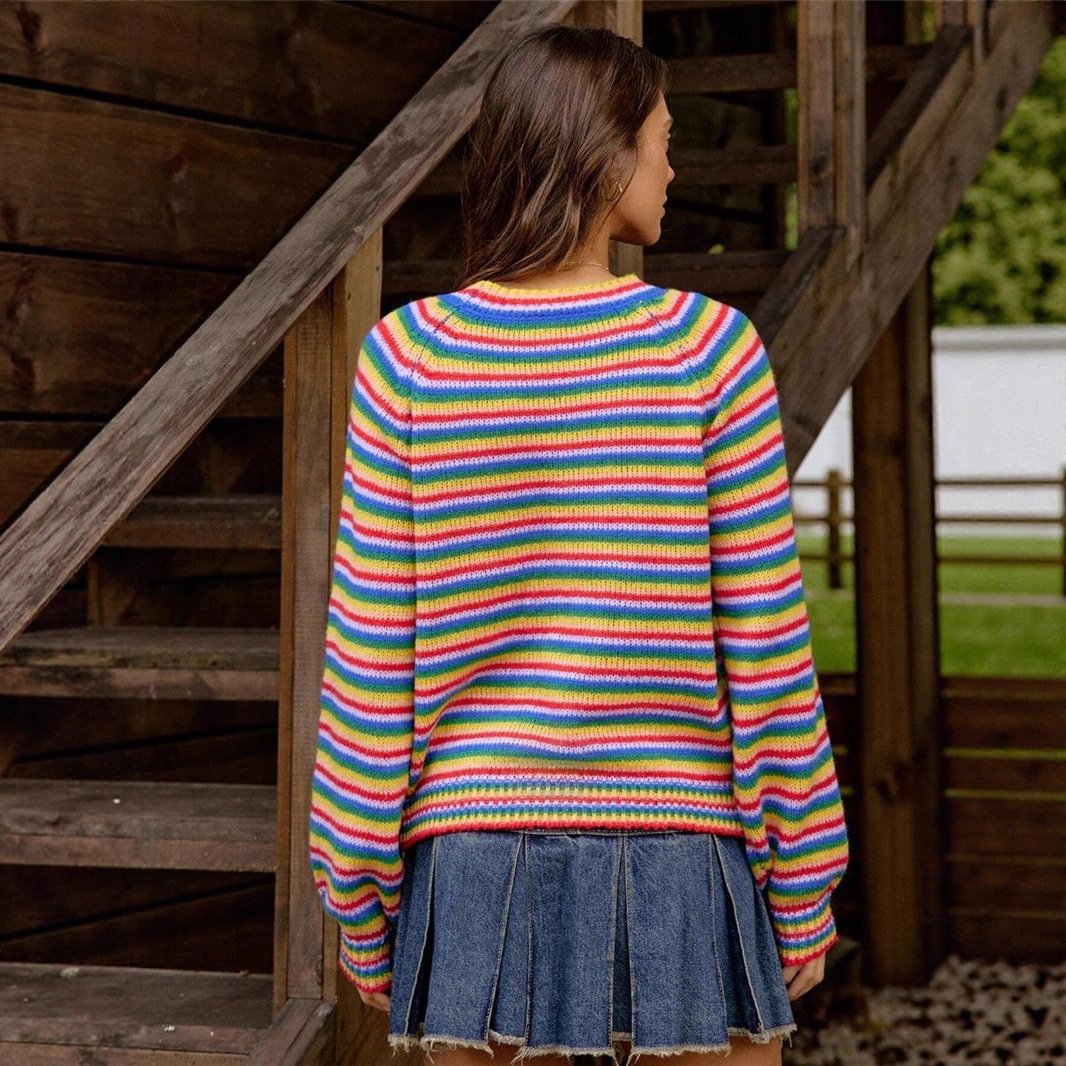 Rainbow-striped Knitted Vintage Crewneck Sweater - Image 2