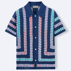 Mens Hollow-Out Cardigan Short-Sleeve Lapel Water-Soluble Knit Top