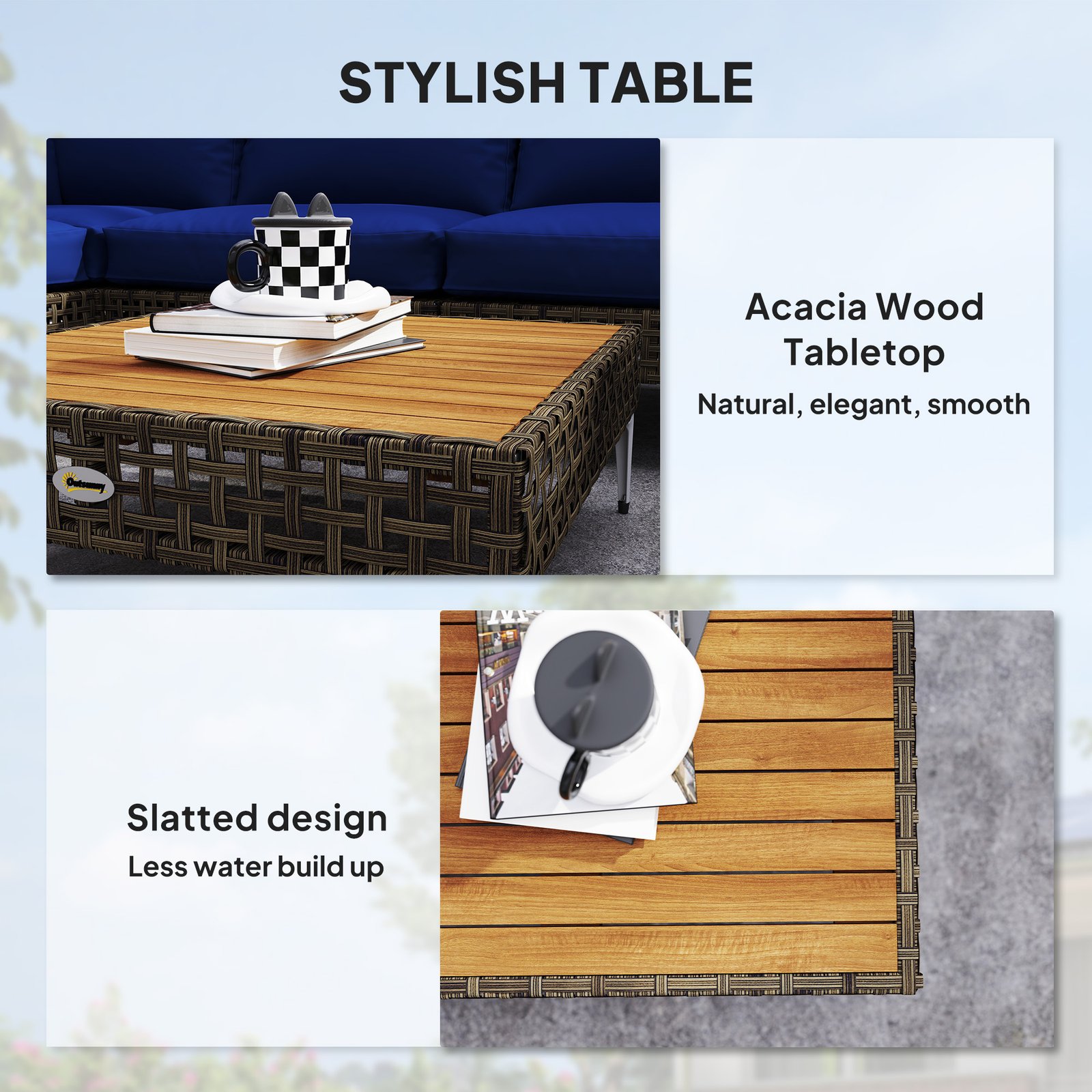 7 Piece Wicker Patio Furniture Set, Modular Outdoor Sectional with Thickened Cushions, Acacia Wood Table, Brown/Blue - Image 7