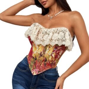 Retro Jacquard Oil Painting Patchwork Lace Sexy French-style Fishbone Vest