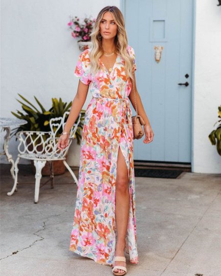 Fashion Printed Short Sleeve Lace-up Dress Women's Clothing - Image 5
