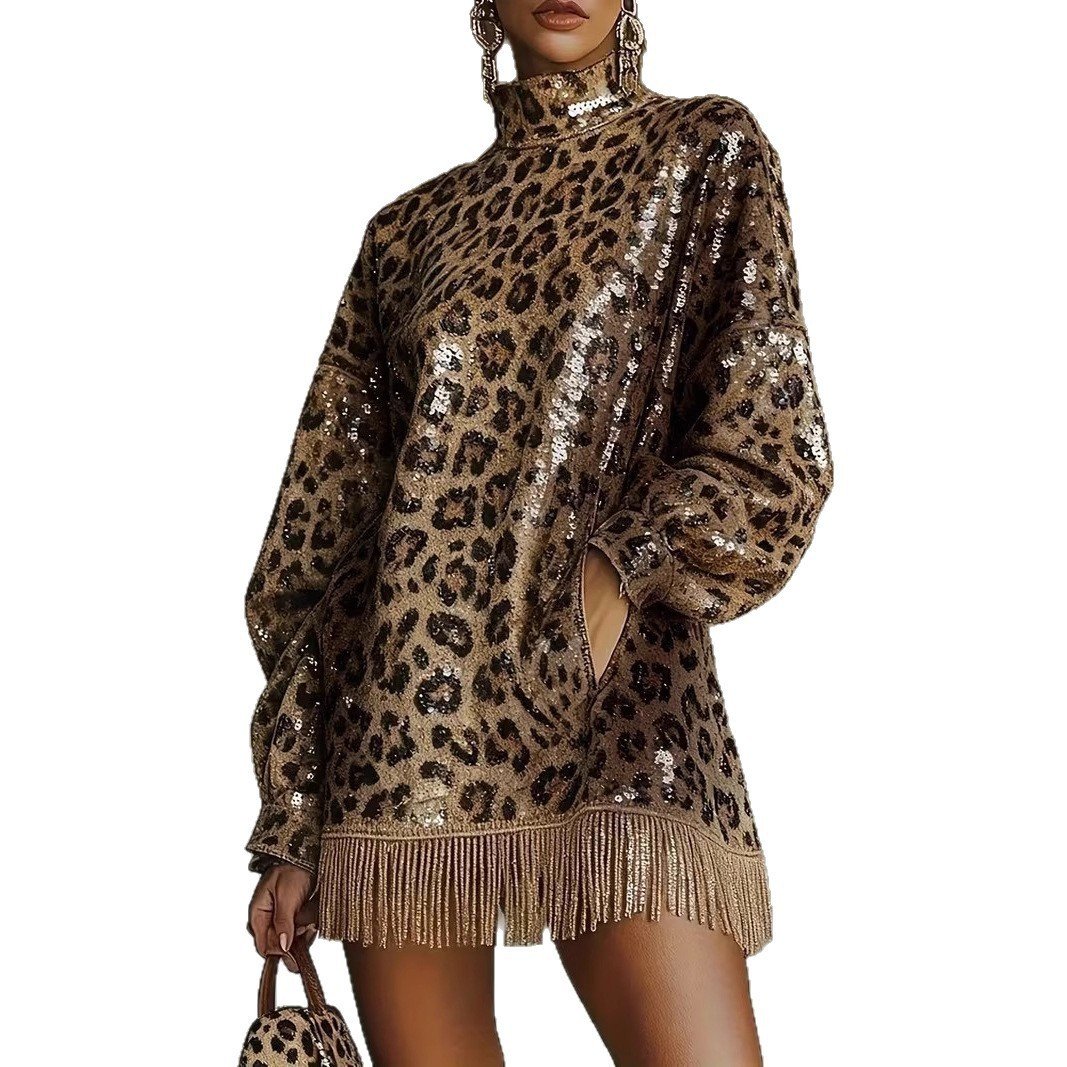 Metallic Brown Sequin High Neck Long Sleeve Tassel Design Cropped Dress With A Leopard Print - Image 5