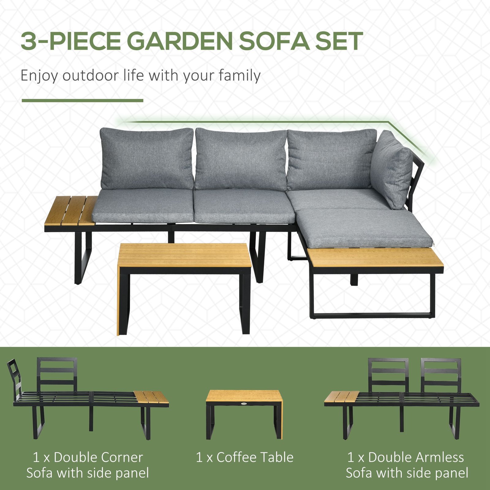 3 Pieces Patio Furniture Set, Outdoor Garden Sofa Conversation Set W/ Padded Cushions, Wood Grain Plastic Top Table And Side Panel, Dark Grey - Image 4