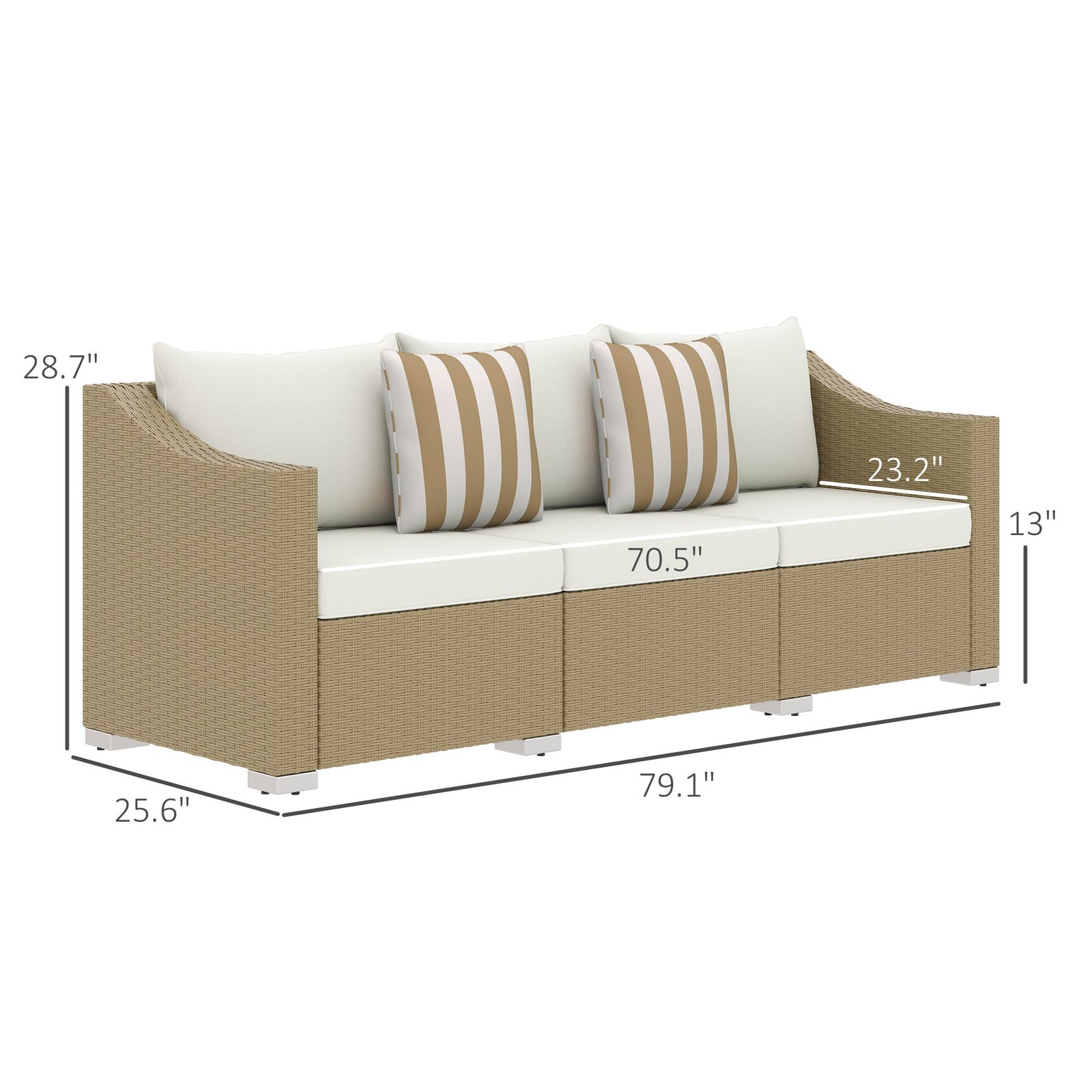 Rattan Wicker 3 Seater Patio Couch With Cushions, 2 Throw Pillows, Outdoor Furniture Rattan Sofa, Cream White - Image 2