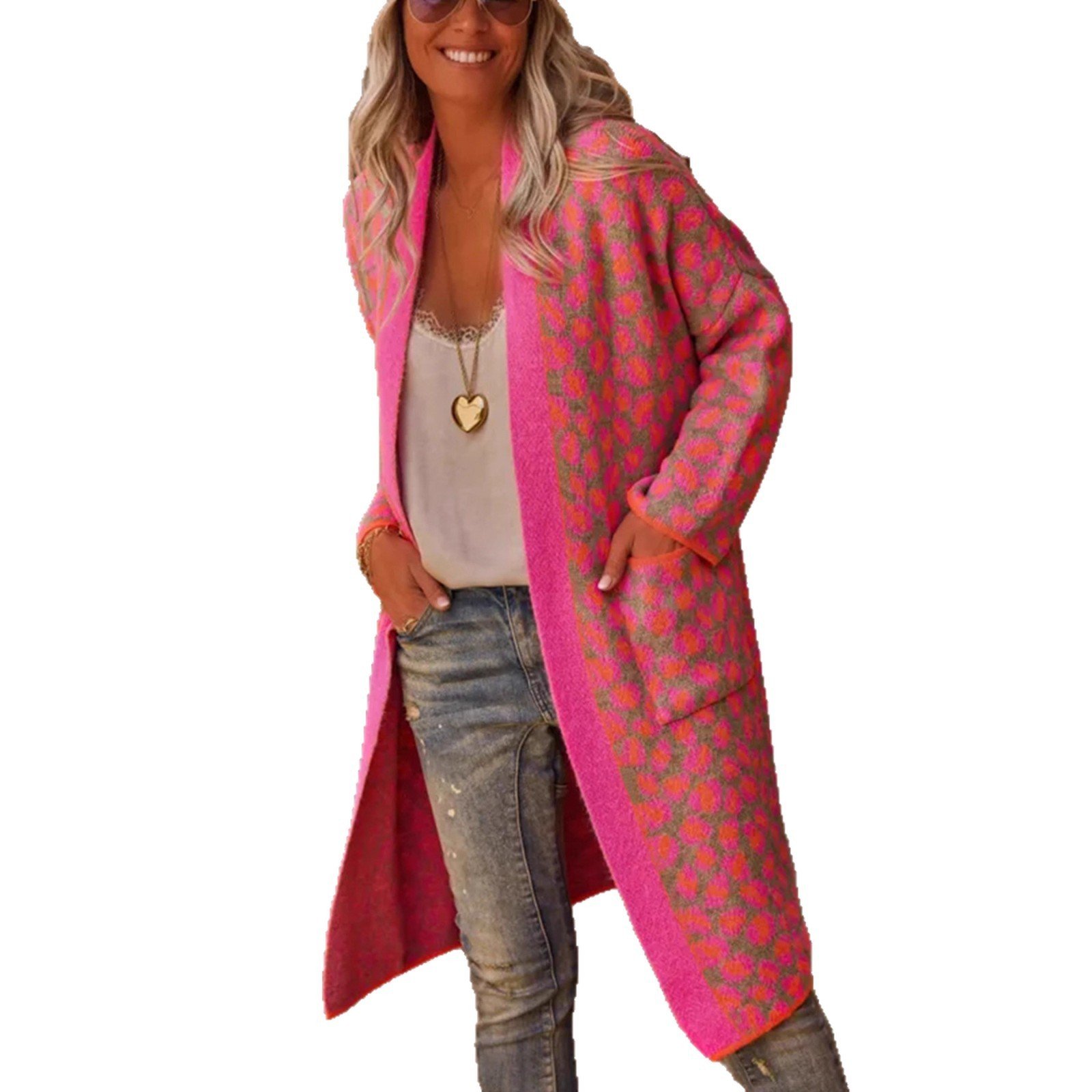 Contrast Color Leopard Print Long Knitwear Fashion Retro Pocket Sweater Women's Coat - Image 5