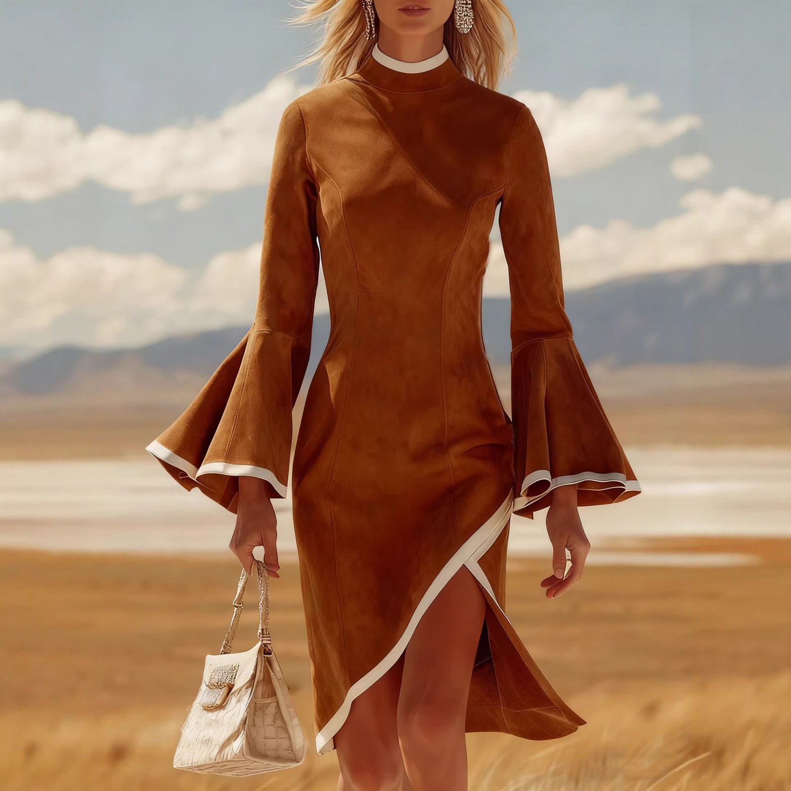 AutumnWinter Chic Casual Retro White Bell-Sleeve Midi Dress - Image 2