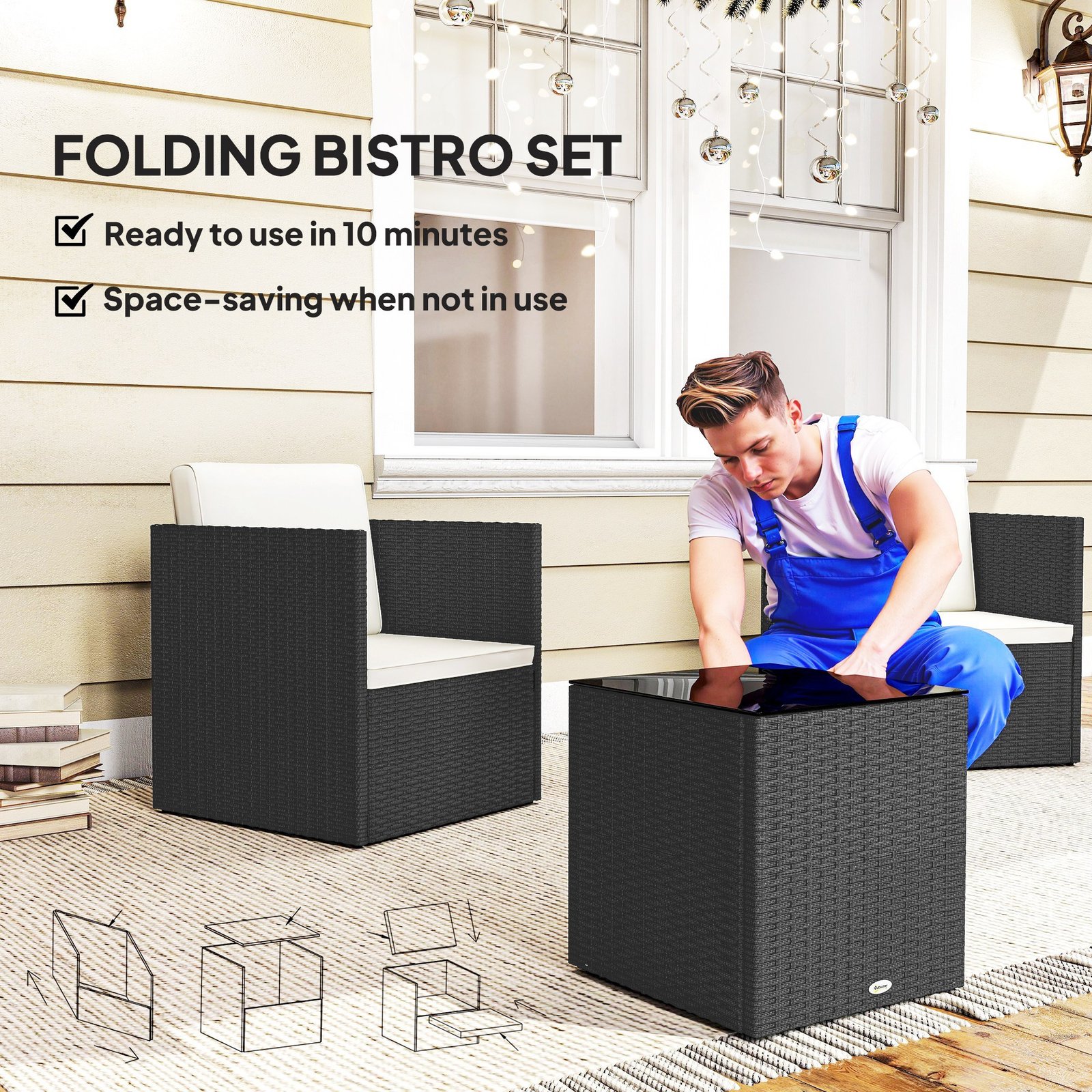 Folding Wicker Bistro Set, 3 Piece Patio Furniture Set With Cushions And Glass Coffee Table For Porch, Balcony, Black - Image 3