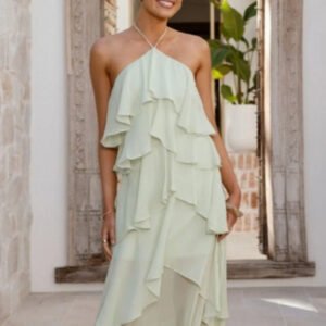 Solid-color Chiffon Tiered Dress With A Halter Neckline And Ruffled Hem
